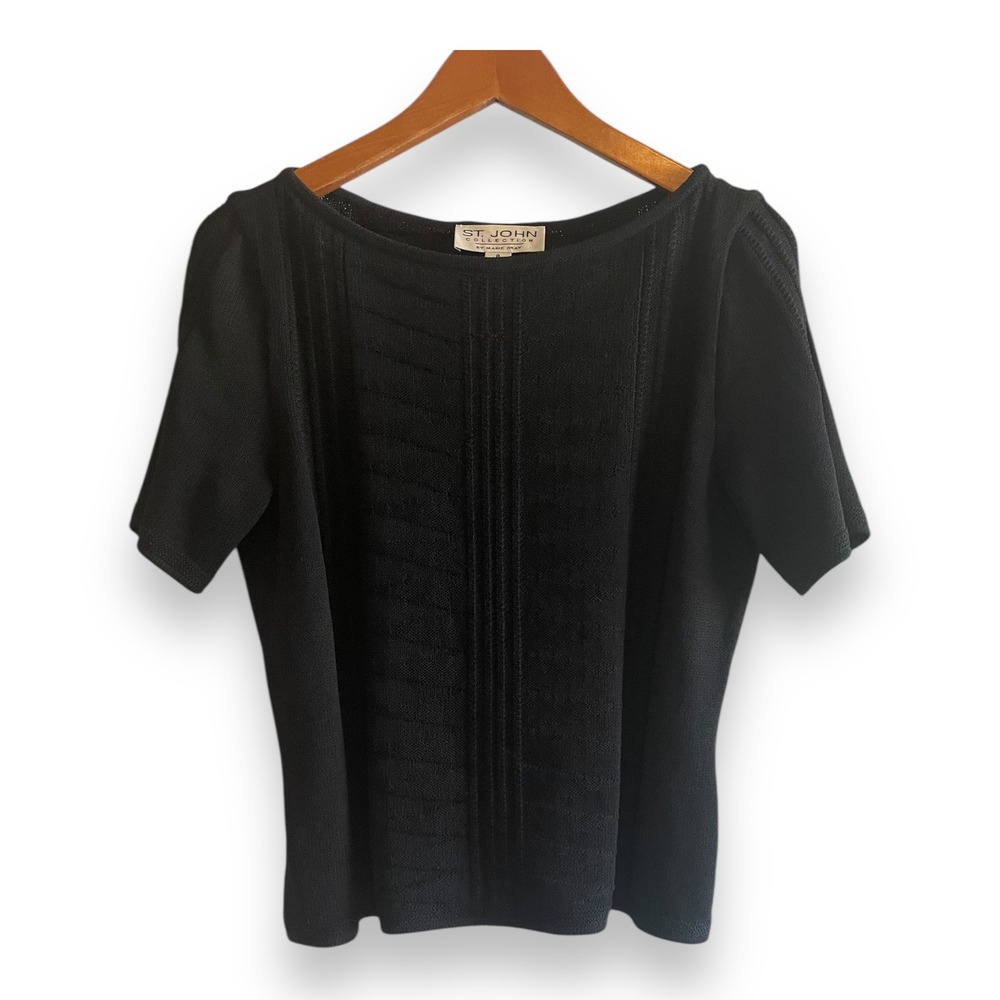 St John Collection Marie Gray Black Santana Knit Pointelle Short Sleeve Top Sz 8